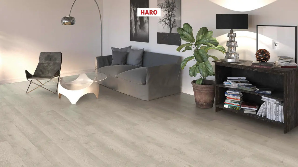 Haro laminatgulv Tritty 100 Korte planker - Eg Bergamo, Sølvgrå